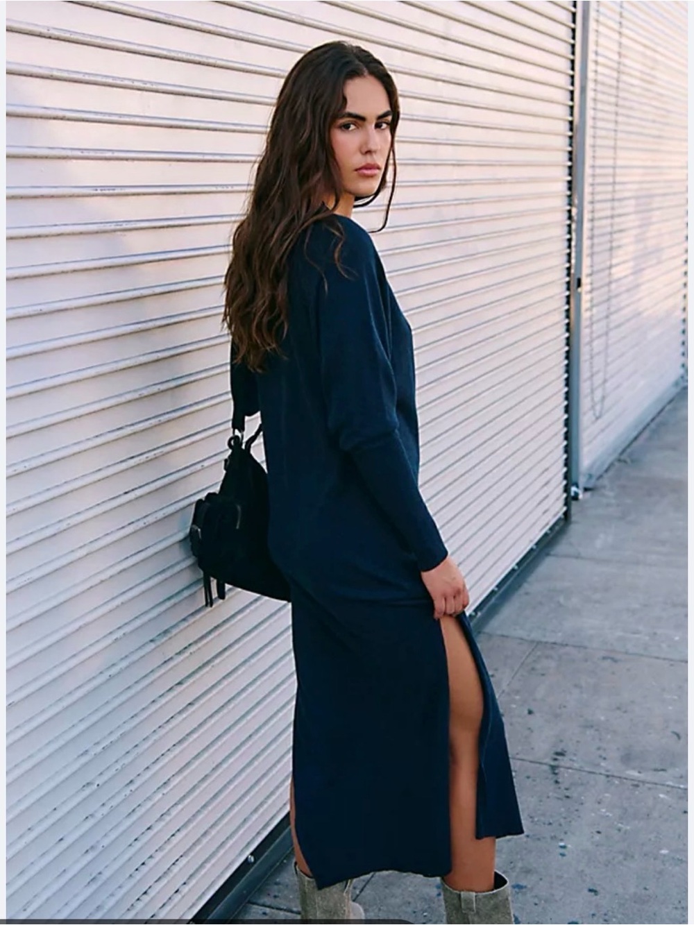 Free People Beach Blue Long Sleeve Ribbed Midi Dress with Side Slit